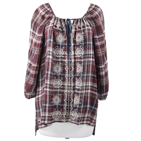 Johnny Was Sz M Burgundy Navy White Embroidered Plaid 100% Cotton Polyester Top