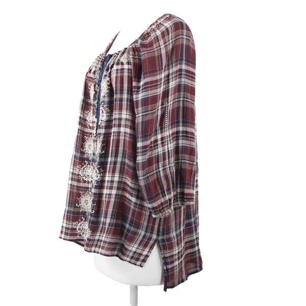 Johnny Was Sz M Burgundy Navy White Embroidered Plaid 100% Cotton Polyester Top