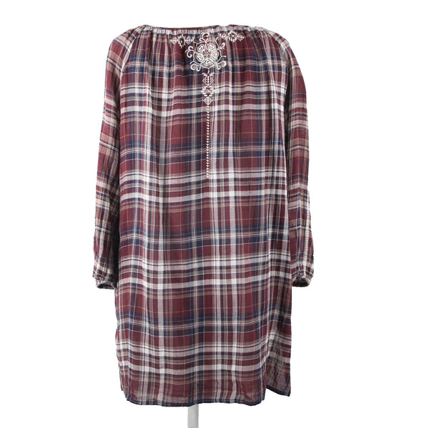 Johnny Was Sz M Burgundy Navy White Embroidered Plaid 100% Cotton Polyester Top