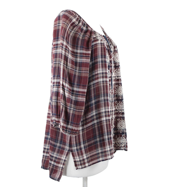 Johnny Was Sz M Burgundy Navy White Embroidered Plaid 100% Cotton Polyester Top