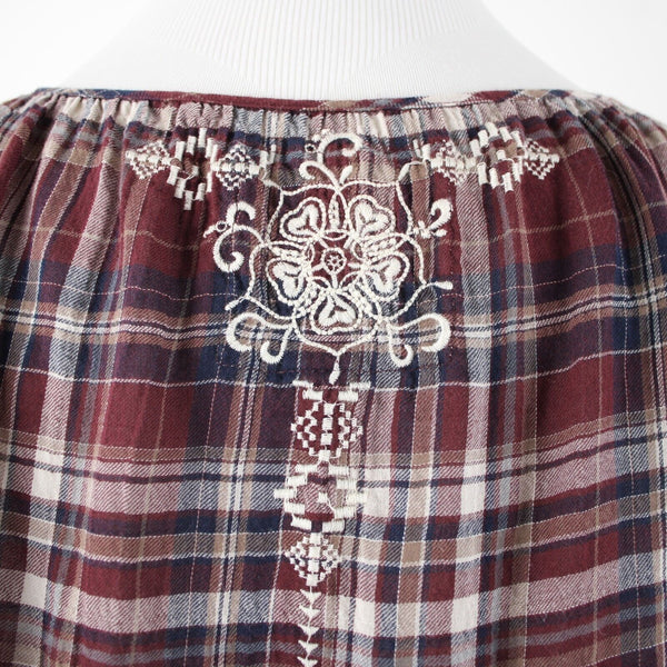 Johnny Was Sz M Burgundy Navy White Embroidered Plaid 100% Cotton Polyester Top