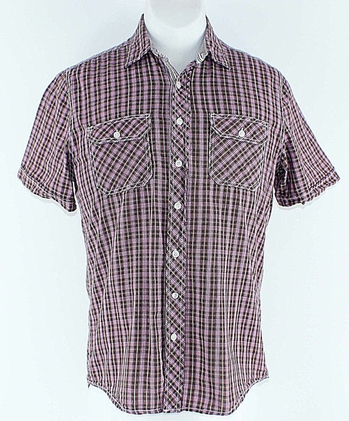 Paper Denim & Cloth Sz M Pink Brown SS 100% Cotton Men's Button Down Shirt