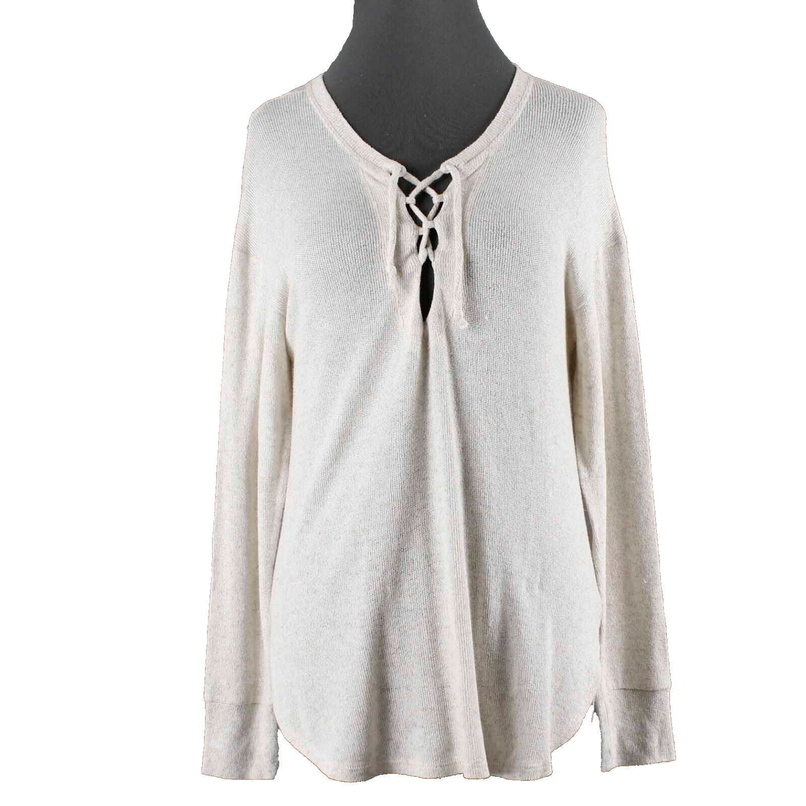 LNA Sz S Beige Lace Up Neck Round Split Sides Rayon Blend Sweater Top