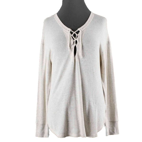 LNA Sz S Beige Lace Up Neck Round Split Sides Rayon Blend Sweater Top