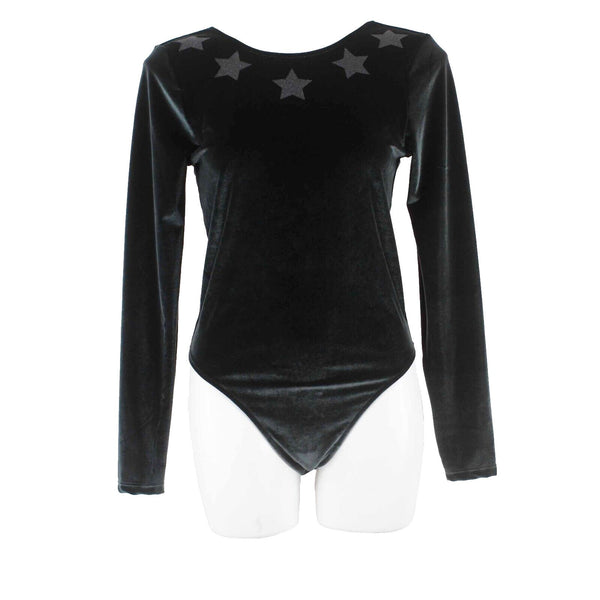 Victoria Sport Sz M Green Black Star Detail Velour Open Back Poly Body Suit Top