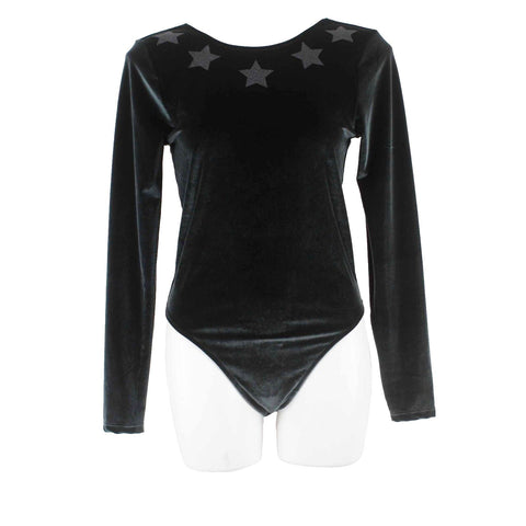 Victoria Sport Sz M Green Black Star Detail Velour Open Back Poly Body Suit Top