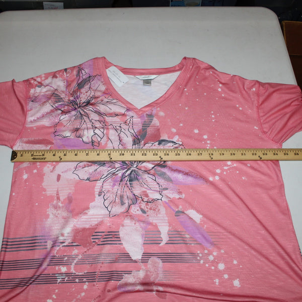 CJ Banks Top NEW $50 Sz 1X Pink Multi Colored Floral V Neck Mid Sleeve Poly Top