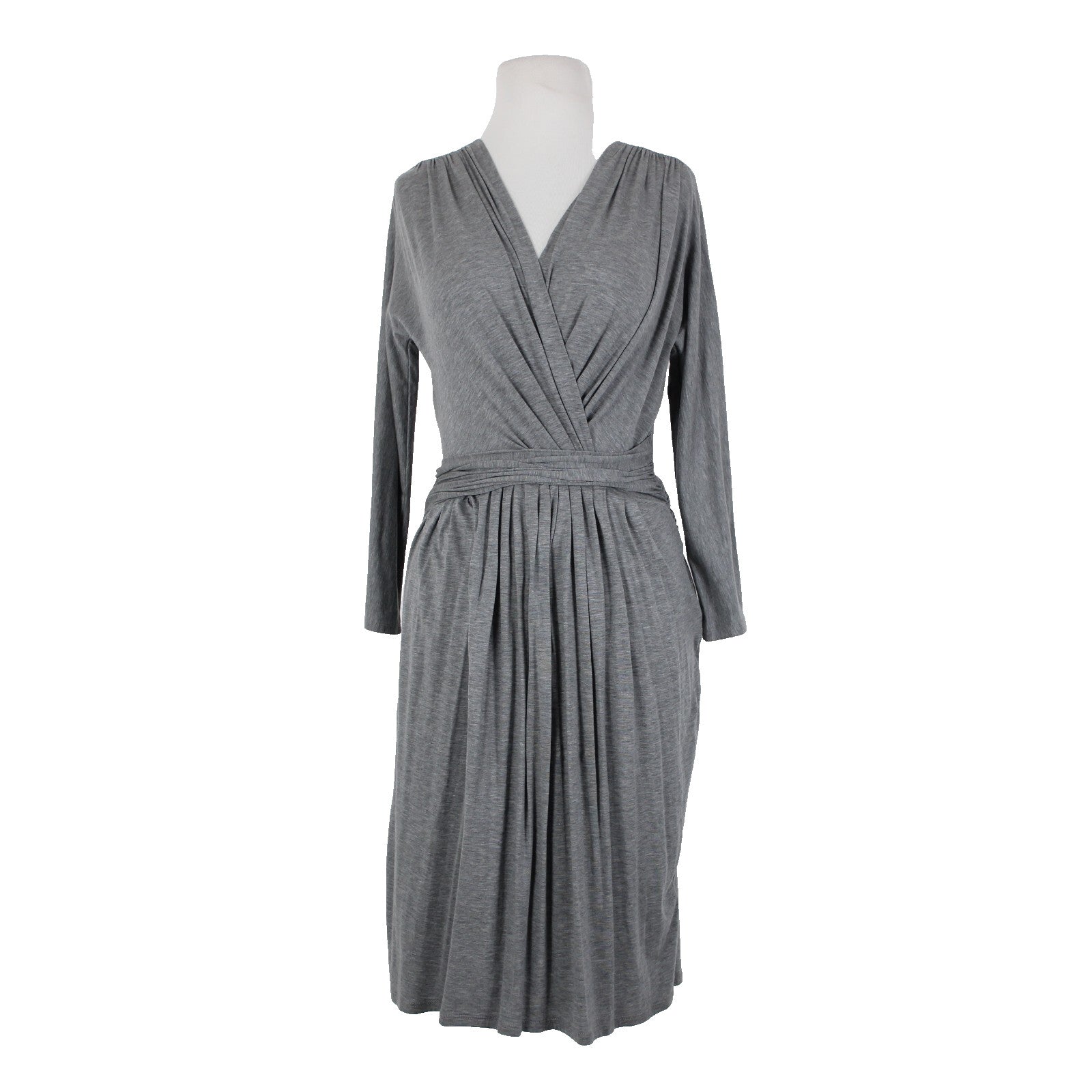 DKNY Sz P Gray V Neck Pleated Unlined Zip Closure Lyocell Elastane Dress