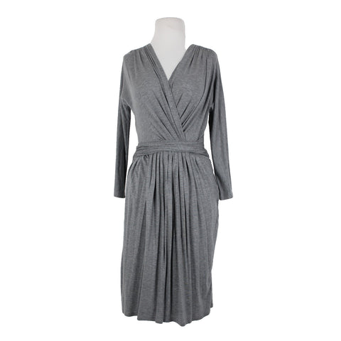 DKNY Sz P Gray V Neck Pleated Unlined Zip Closure Lyocell Elastane Dress