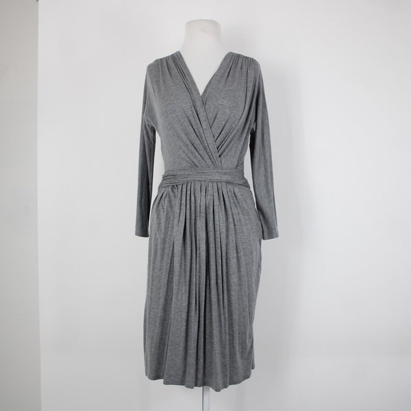 DKNY Sz P Gray V Neck Pleated Unlined Zip Closure Lyocell Elastane Dress