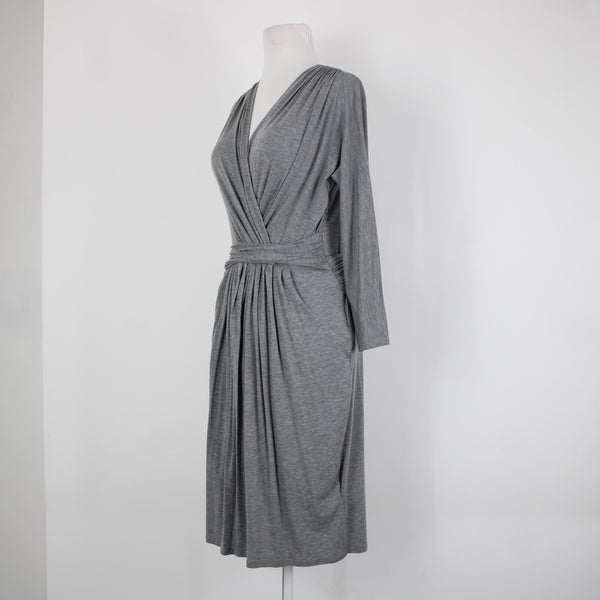 DKNY Sz P Gray V Neck Pleated Unlined Zip Closure Lyocell Elastane Dress
