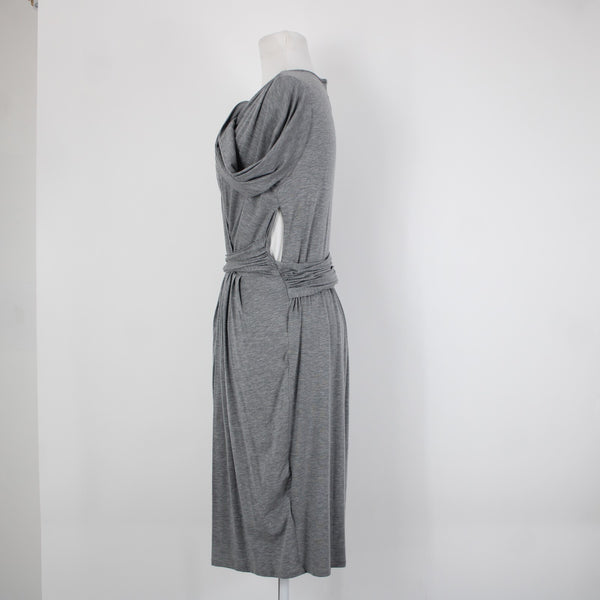 DKNY Sz P Gray V Neck Pleated Unlined Zip Closure Lyocell Elastane Dress