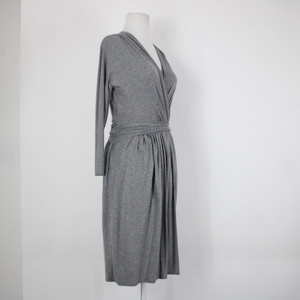 DKNY Sz P Gray V Neck Pleated Unlined Zip Closure Lyocell Elastane Dress