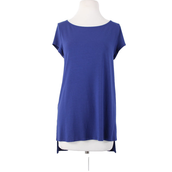 Eileen Fisher Top Sz M Navy Blue Hi Low Short Sleeve Basic Viscose Spandex Top