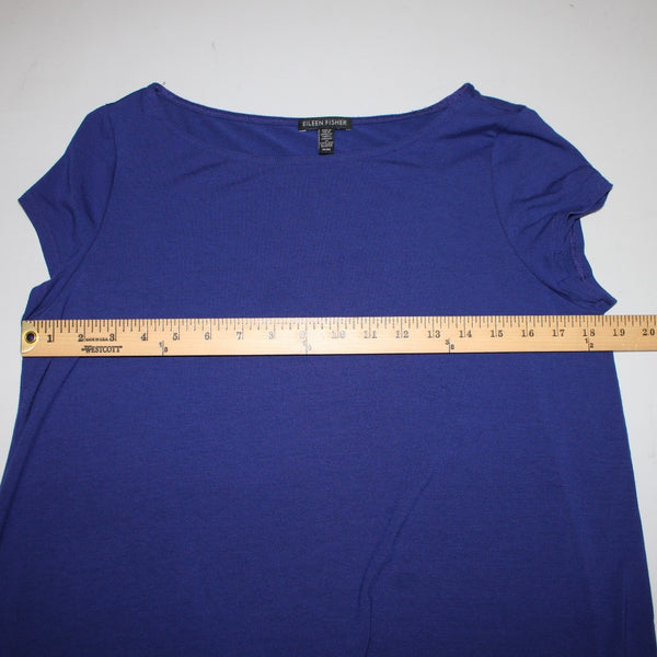 Eileen Fisher Top Sz M Navy Blue Hi Low Short Sleeve Basic Viscose Spandex Top