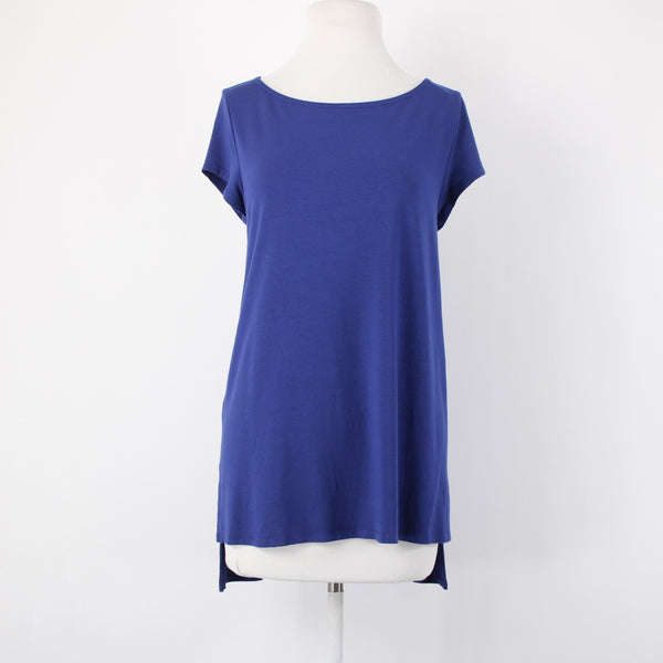 Eileen Fisher Top Sz M Navy Blue Hi Low Short Sleeve Basic Viscose Spandex Top