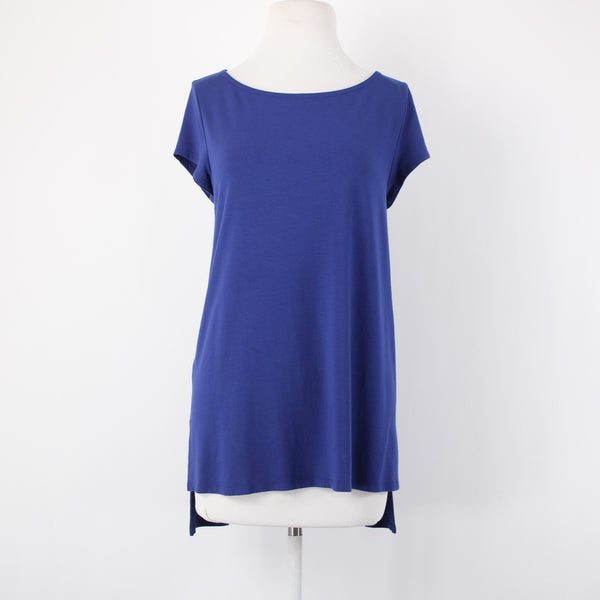 Eileen Fisher Top Sz M Navy Blue Hi Low Short Sleeve Basic Viscose Spandex Top