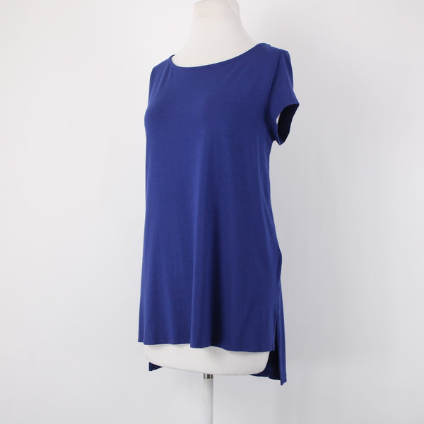 Eileen Fisher Top Sz M Navy Blue Hi Low Short Sleeve Basic Viscose Spandex Top