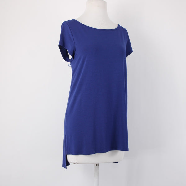Eileen Fisher Top Sz M Navy Blue Hi Low Short Sleeve Basic Viscose Spandex Top