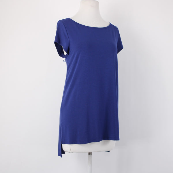 Eileen Fisher Top Sz M Navy Blue Hi Low Short Sleeve Basic Viscose Spandex Top