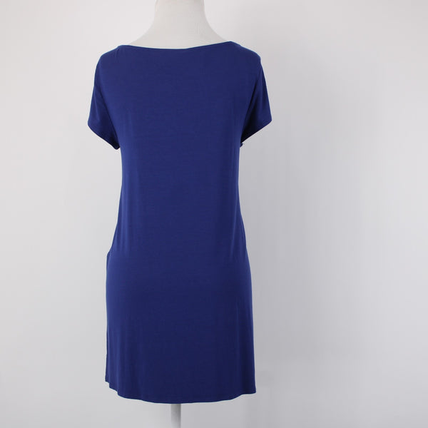 Eileen Fisher Top Sz M Navy Blue Hi Low Short Sleeve Basic Viscose Spandex Top