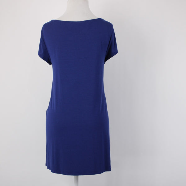 Eileen Fisher Top Sz M Navy Blue Hi Low Short Sleeve Basic Viscose Spandex Top