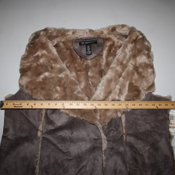INC NEW $200 Sz 2X Brown Tan Pockets Collared Faux Fur Faux Suede Vest