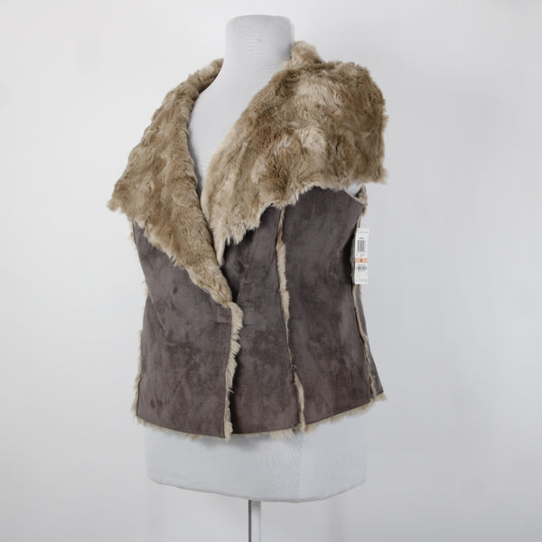 INC NEW $200 Sz 2X Brown Tan Pockets Collared Faux Fur Faux Suede Vest