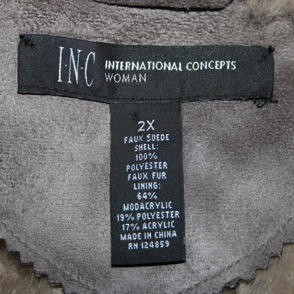 INC NEW $200 Sz 2X Brown Tan Pockets Collared Faux Fur Faux Suede Vest