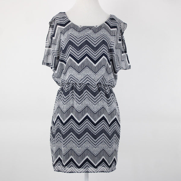 City Triangles Sz S Navy Blue White Lined Elastic Waist 100% Polyester Dress