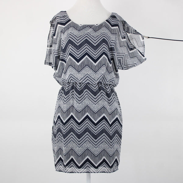 City Triangles Sz S Navy Blue White Lined Elastic Waist 100% Polyester Dress