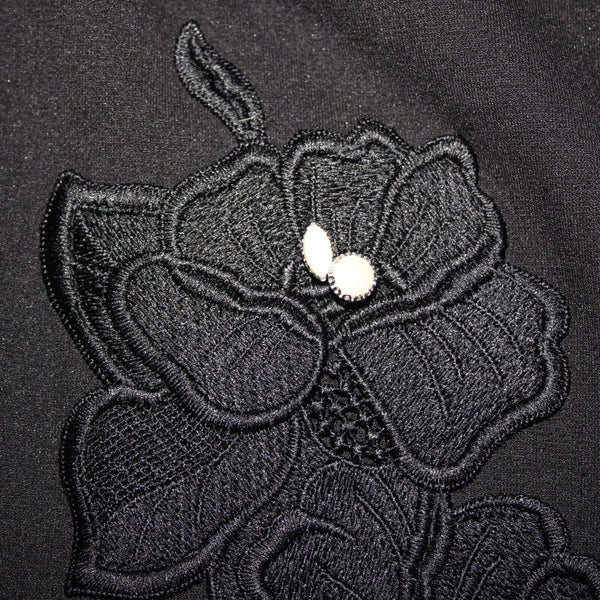 Karl Lagerfeld Sz 4 Black On Black Pearl Applique Floral Lined Poly Rayon Dress