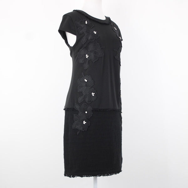 Karl Lagerfeld Sz 4 Black On Black Pearl Applique Floral Lined Poly Rayon Dress