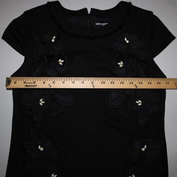 Karl Lagerfeld Sz 4 Black On Black Pearl Applique Floral Lined Poly Rayon Dress
