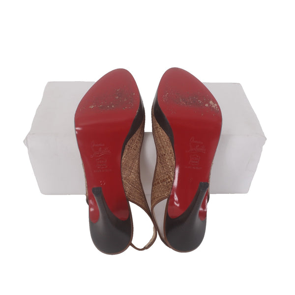 Christian Louboutin Heels Yoyo Sling Zeppa Sz 39 Brown Peep Toe Leather 4.5"