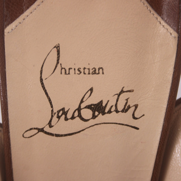 Christian Louboutin Heels Yoyo Sling Zeppa Sz 39 Brown Peep Toe Leather 4.5"