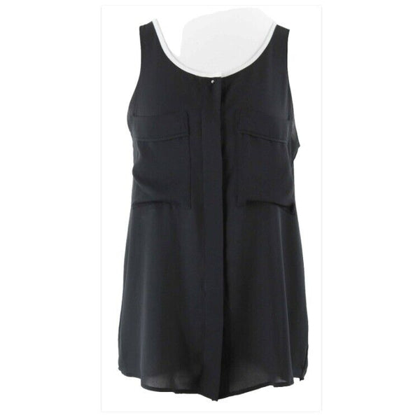 Metaphor Sz XS Black White Sheer Patch Pockets Pleat Back 100% Polyester Top