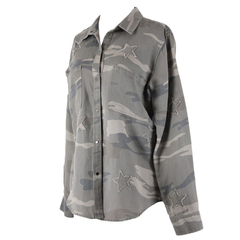 Rails Marcel Sz S Sage Green Gray Camo With Stars Snap Buttons Lyocell Linen Top
