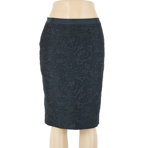 Ann Taylor S 4 Blue Black Grey Lace Overlay Lined 100% Polyester Pencil Skirt