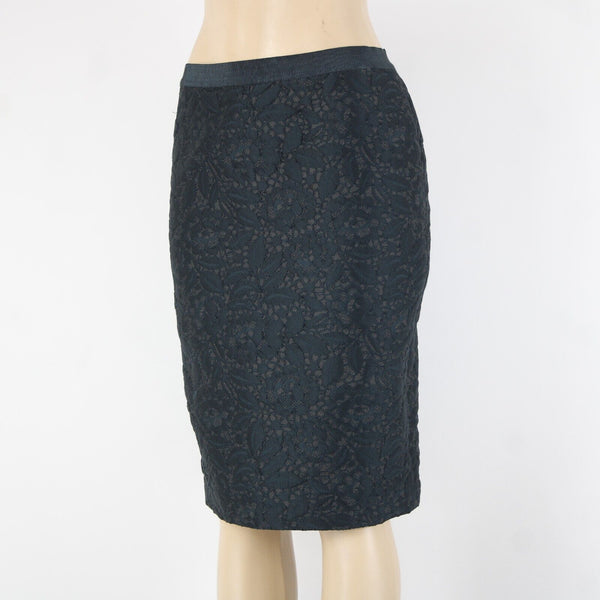 Ann Taylor S 4 Blue Black Grey Lace Overlay Lined 100% Polyester Pencil Skirt