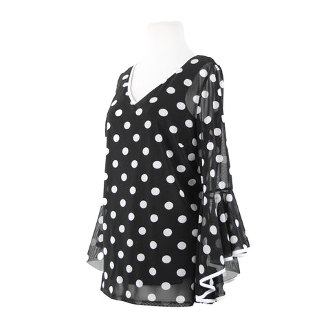 Frank Lyman Sz 12 Black White Polka Dots V Neck Lined Poly Elasthane Top