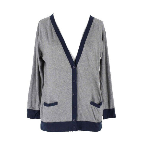 J Crew Sz S Gray Navy Blue Trim Button Up All Cotton Knit Cardigan Sweater