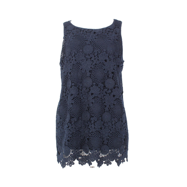 J Jill Top Sz S Navy Blue Lined Embroidered Floral Lace Polyester Cotton  Top