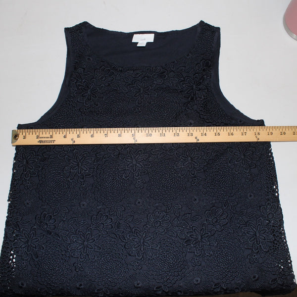J Jill Top Sz S Navy Blue Lined Embroidered Floral Lace Polyester Cotton  Top