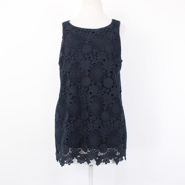 J Jill Top Sz S Navy Blue Lined Embroidered Floral Lace Polyester Cotton  Top