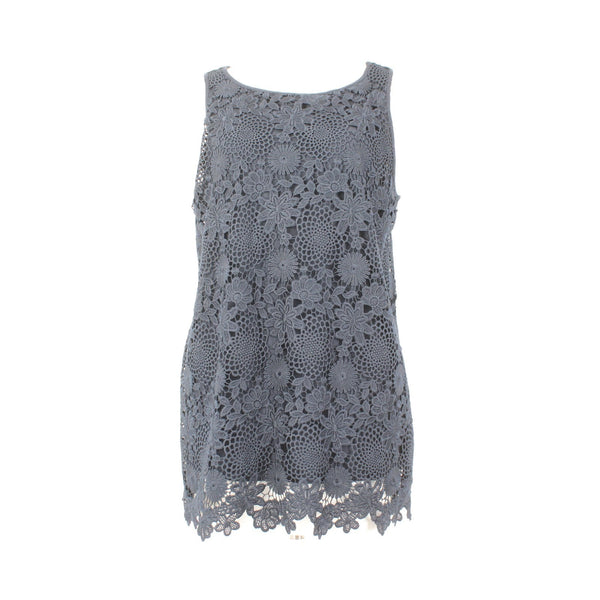 J Jill Top Sz S Navy Blue Lined Embroidered Floral Lace Polyester Cotton  Top