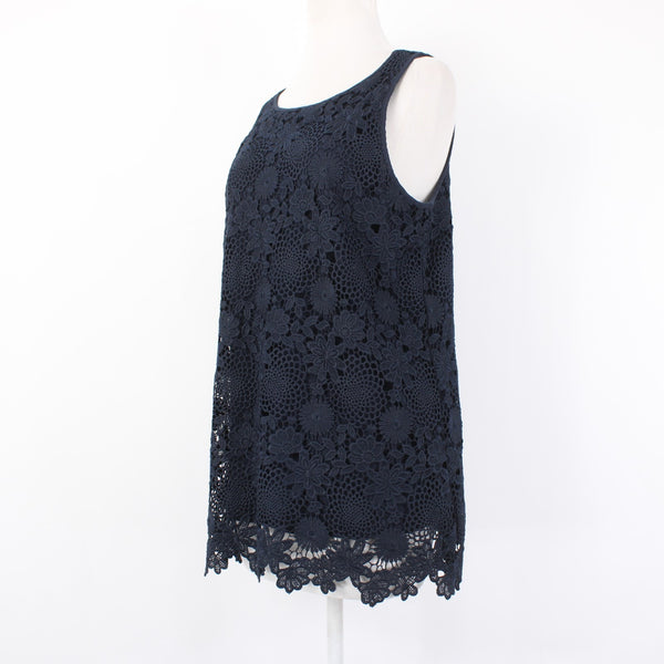 J Jill Top Sz S Navy Blue Lined Embroidered Floral Lace Polyester Cotton  Top