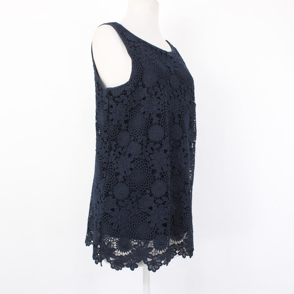 J Jill Top Sz S Navy Blue Lined Embroidered Floral Lace Polyester Cotton  Top