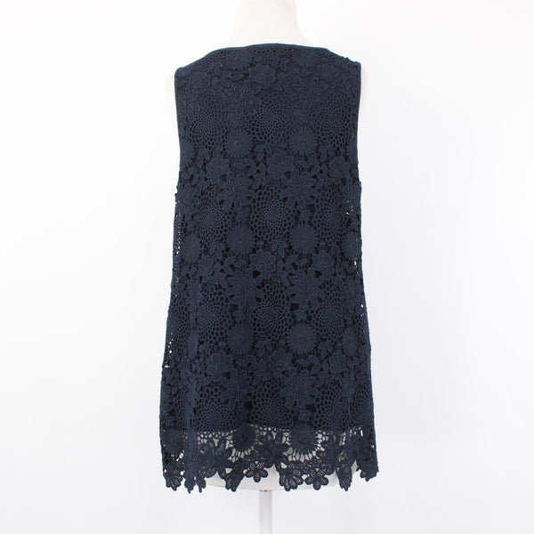 J Jill Top Sz S Navy Blue Lined Embroidered Floral Lace Polyester Cotton  Top