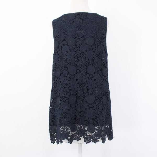 J Jill Top Sz S Navy Blue Lined Embroidered Floral Lace Polyester Cotton  Top